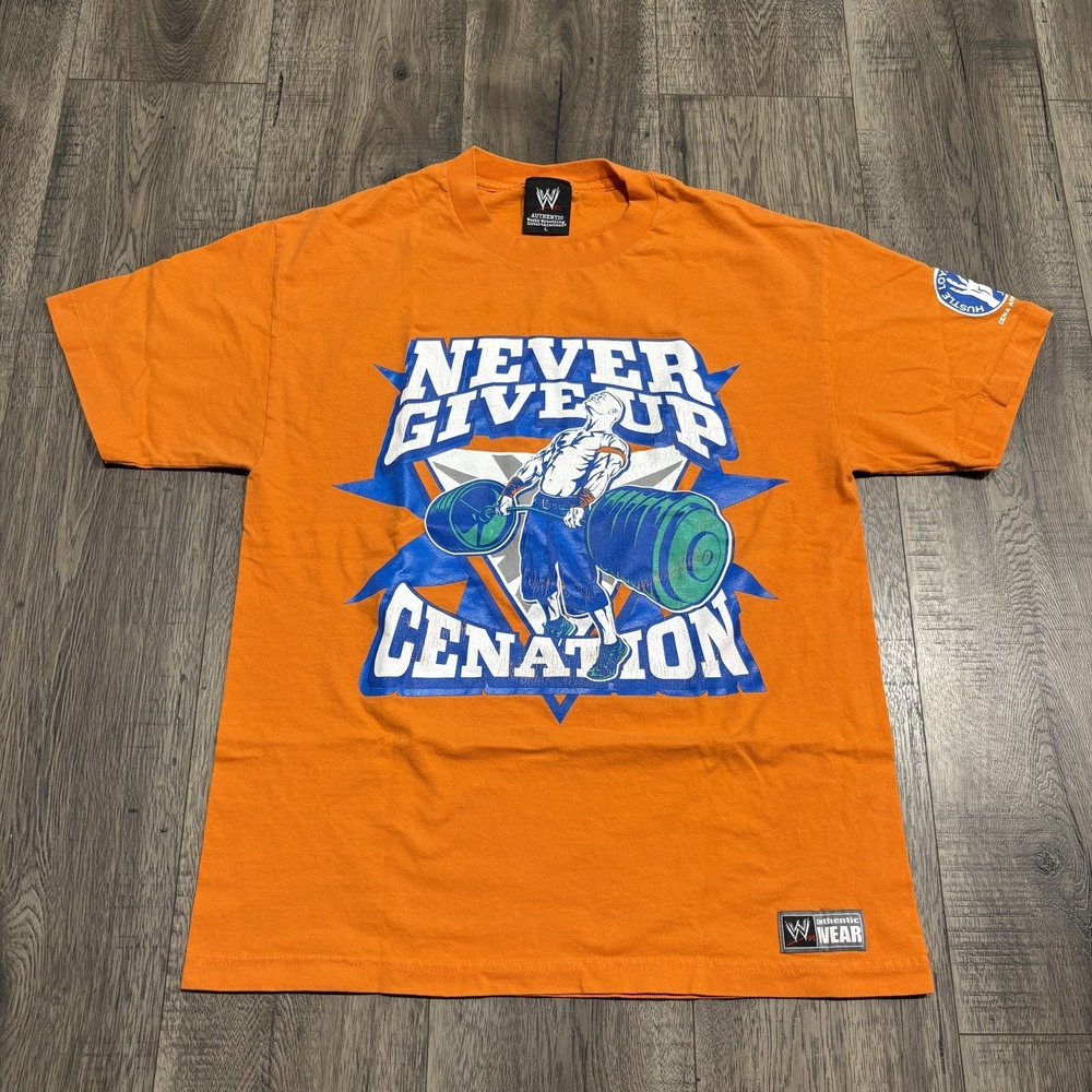 John Cena Shirt Mens Large Orange WWE Wrestling Never Give Up Cenation Tee